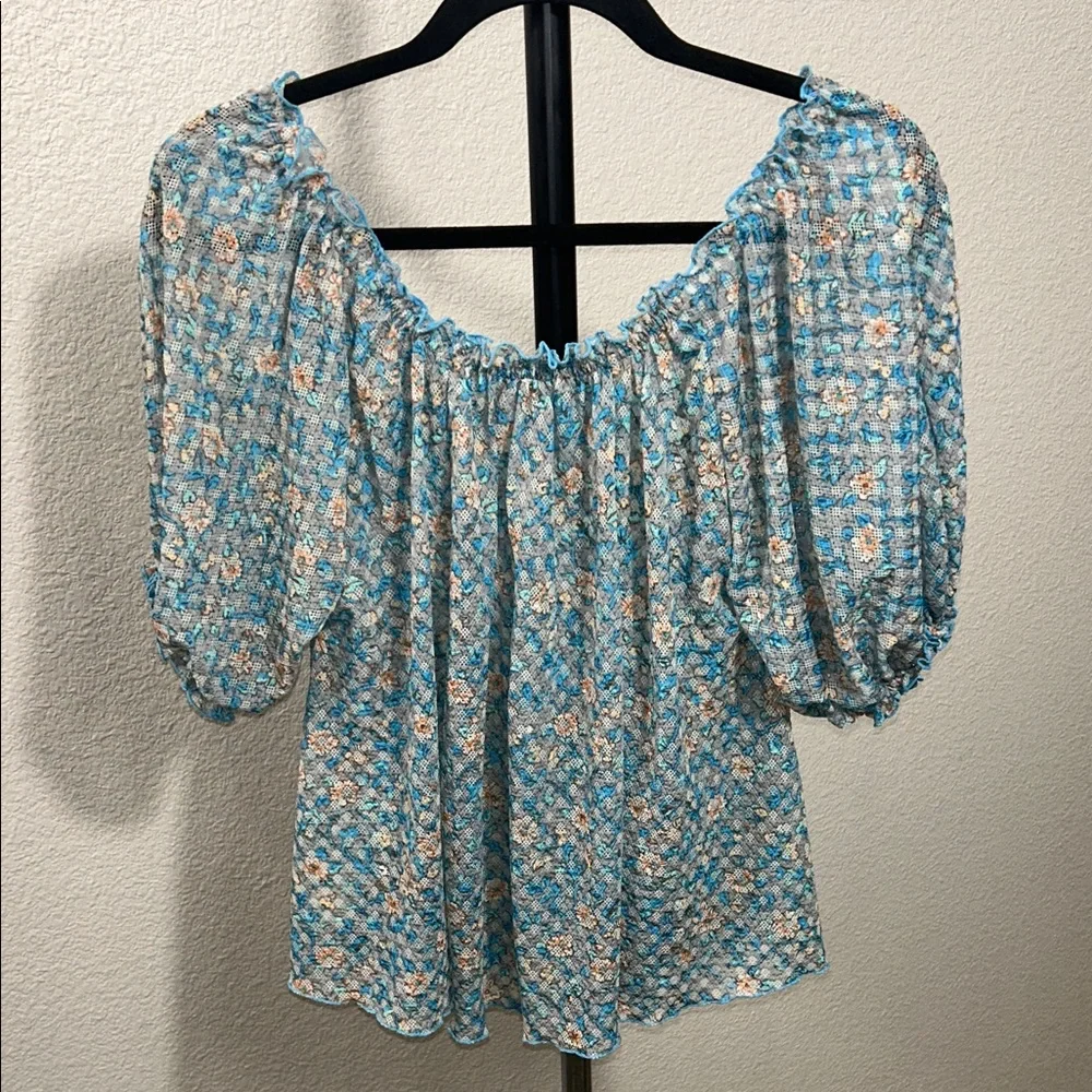 Free People Astra Peasant Teal and Peach Patterned Blouse S